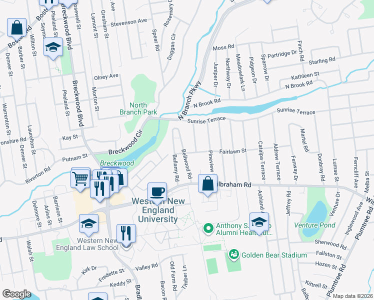 map of restaurants, bars, coffee shops, grocery stores, and more near 77 Bellwood Road in Springfield
