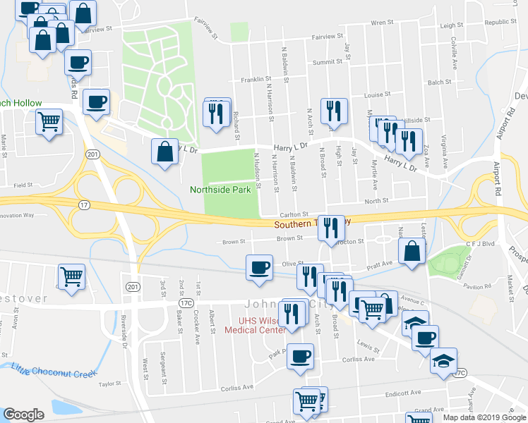 map of restaurants, bars, coffee shops, grocery stores, and more near 89 Carlton Street in Johnson City
