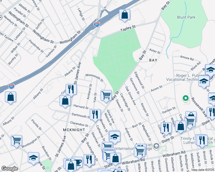 map of restaurants, bars, coffee shops, grocery stores, and more near 45 Berkeley Street in Springfield