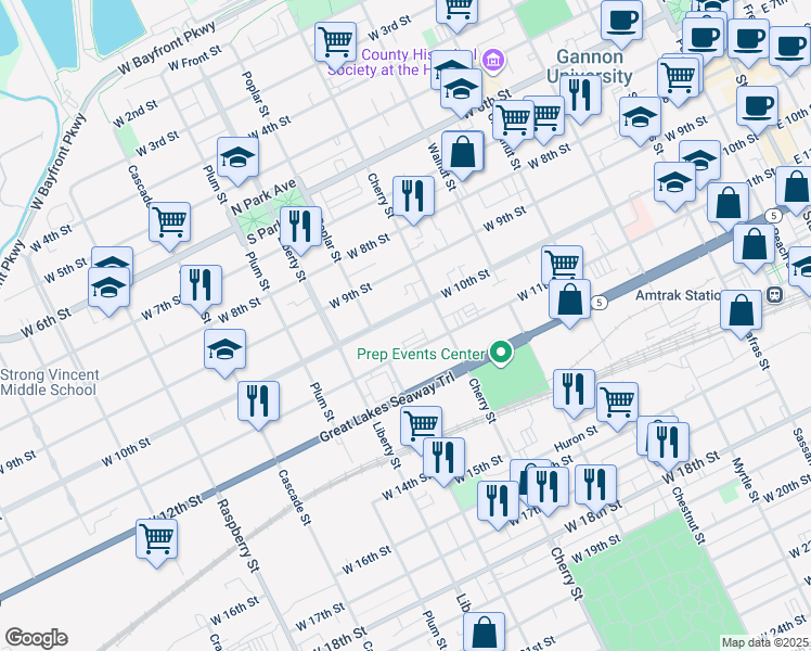 map of restaurants, bars, coffee shops, grocery stores, and more near 633 W 10th St in Erie