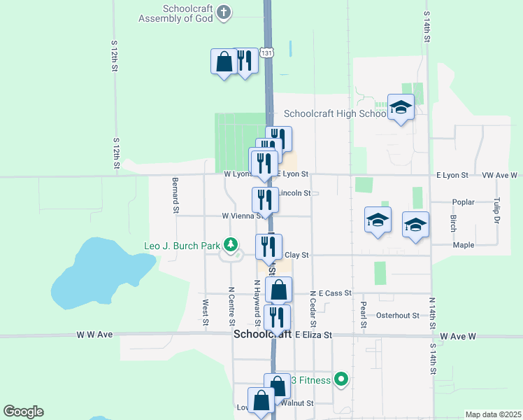 map of restaurants, bars, coffee shops, grocery stores, and more near 507 North Grand Street in Schoolcraft