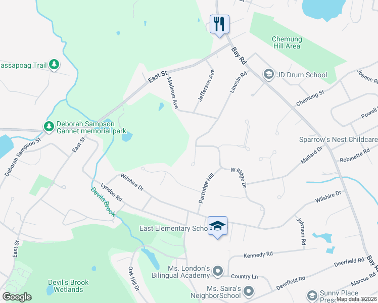 map of restaurants, bars, coffee shops, grocery stores, and more near 61 Lincoln Road in Sharon