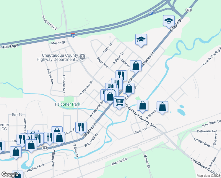 map of restaurants, bars, coffee shops, grocery stores, and more near 17 East Falconer Street in Falconer