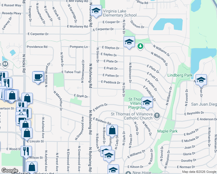 map of restaurants, bars, coffee shops, grocery stores, and more near 902 East Anderson Drive in Palatine