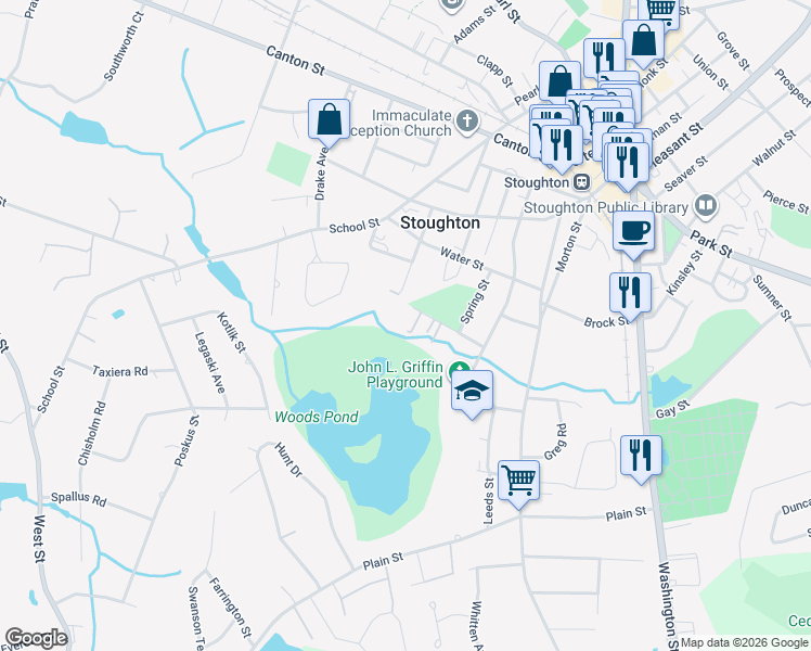 map of restaurants, bars, coffee shops, grocery stores, and more near 80 Blackstone Street in Stoughton
