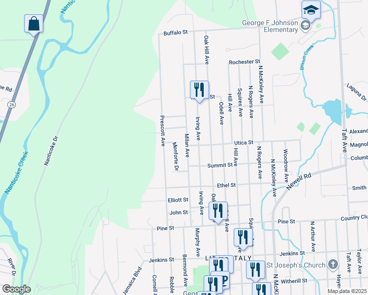 map of restaurants, bars, coffee shops, grocery stores, and more near 725 Milan Avenue in Endicott