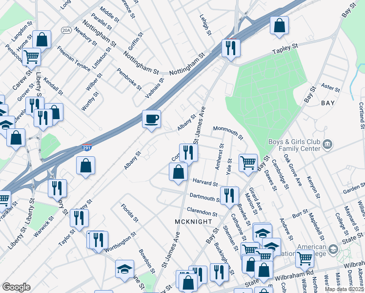map of restaurants, bars, coffee shops, grocery stores, and more near 104 Cornell Street in Springfield