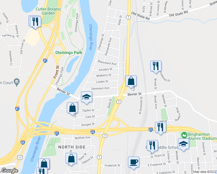 map of restaurants, bars, coffee shops, grocery stores, and more near 41 Dennison Ave in Binghamton