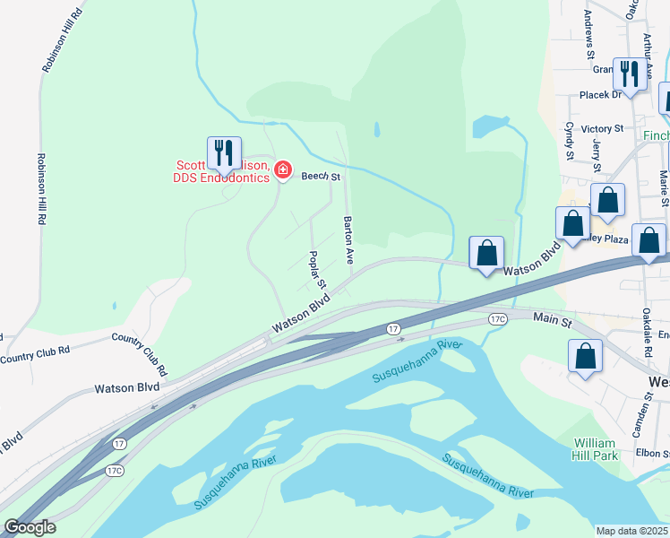 map of restaurants, bars, coffee shops, grocery stores, and more near 28 Birch Street in Johnson City