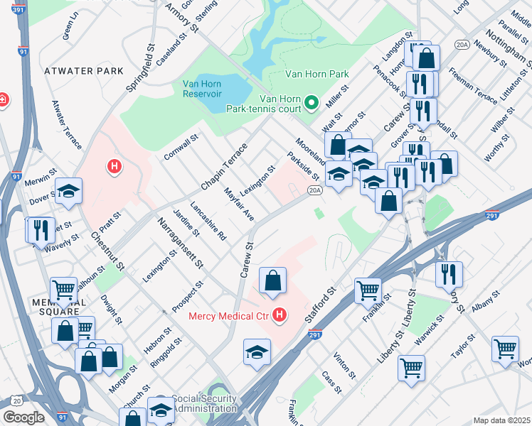 map of restaurants, bars, coffee shops, grocery stores, and more near 454 Carew Street in Springfield