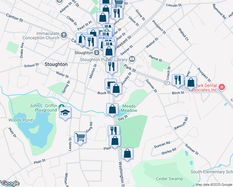 map of restaurants, bars, coffee shops, grocery stores, and more near 944 Washington Street in Stoughton