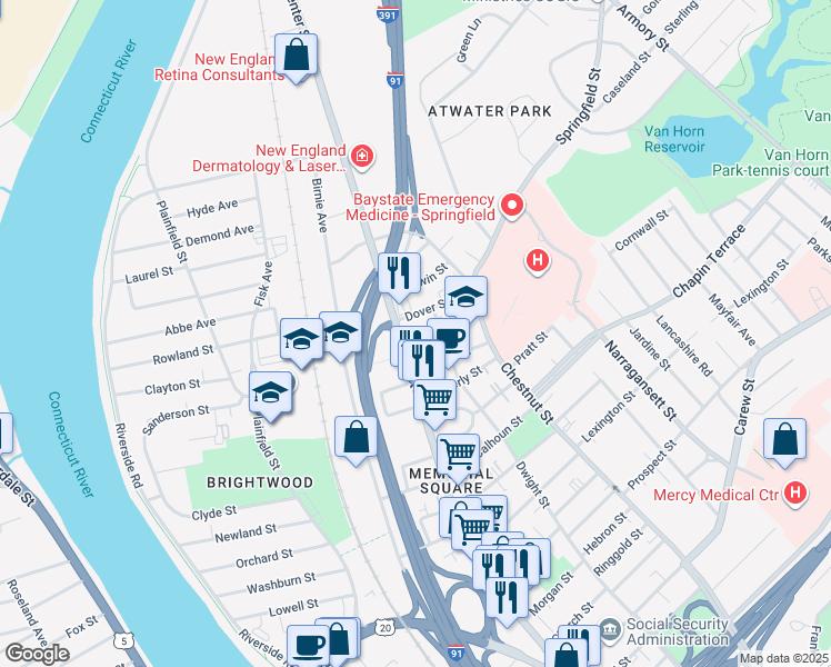 map of restaurants, bars, coffee shops, grocery stores, and more near 16 Cumberland Street in Springfield