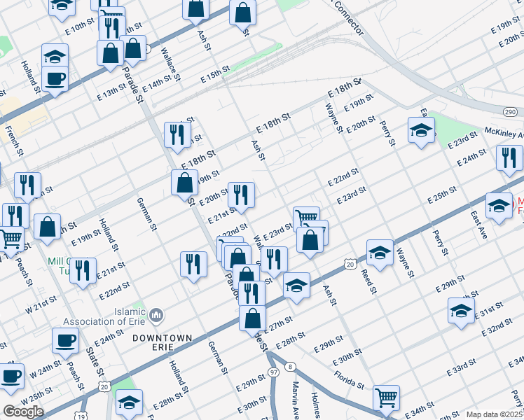 map of restaurants, bars, coffee shops, grocery stores, and more near 532 East 22nd Street in Erie