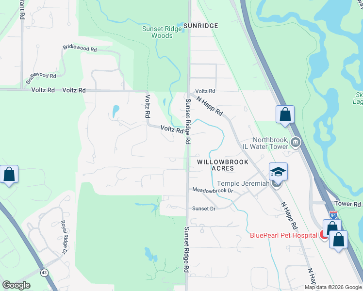 map of restaurants, bars, coffee shops, grocery stores, and more near 1780 Sunset Ridge Road in Northbrook