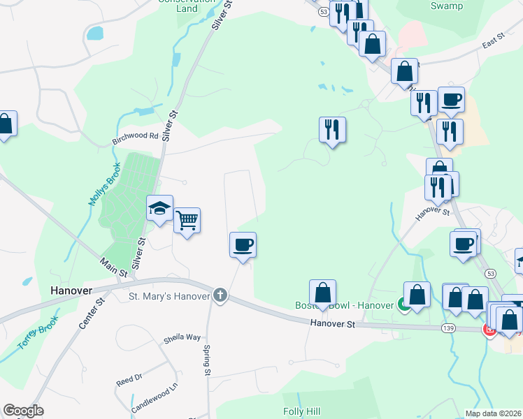 map of restaurants, bars, coffee shops, grocery stores, and more near 268 Twin Fawn Drive in Hanover