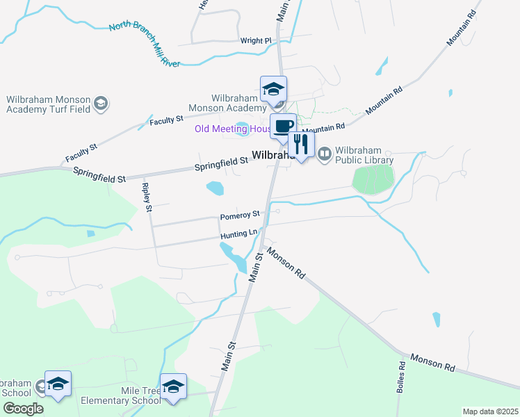 map of restaurants, bars, coffee shops, grocery stores, and more near 503 Main Street in Wilbraham