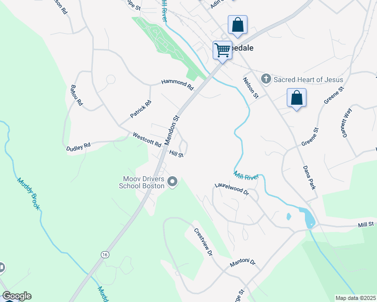 map of restaurants, bars, coffee shops, grocery stores, and more near 30 Hill Street in Hopedale