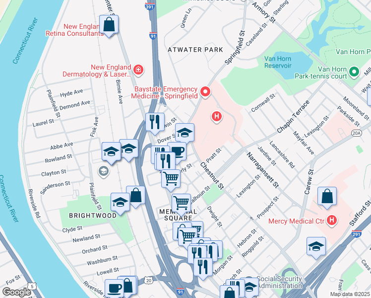 map of restaurants, bars, coffee shops, grocery stores, and more near 732 Chestnut Street in Springfield