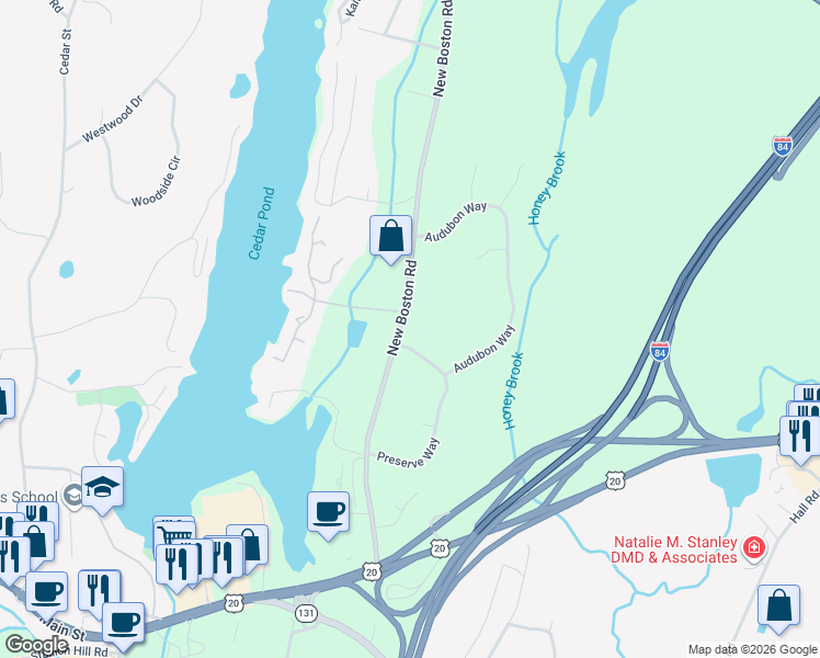 map of restaurants, bars, coffee shops, grocery stores, and more near 72 New Boston Rd in Sturbridge