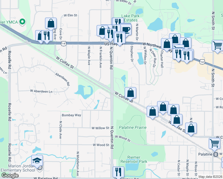 map of restaurants, bars, coffee shops, grocery stores, and more near 500 North Quentin Road in Palatine