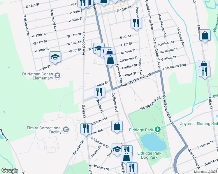 map of restaurants, bars, coffee shops, grocery stores, and more near 99 West McCanns Boulevard in Elmira Heights