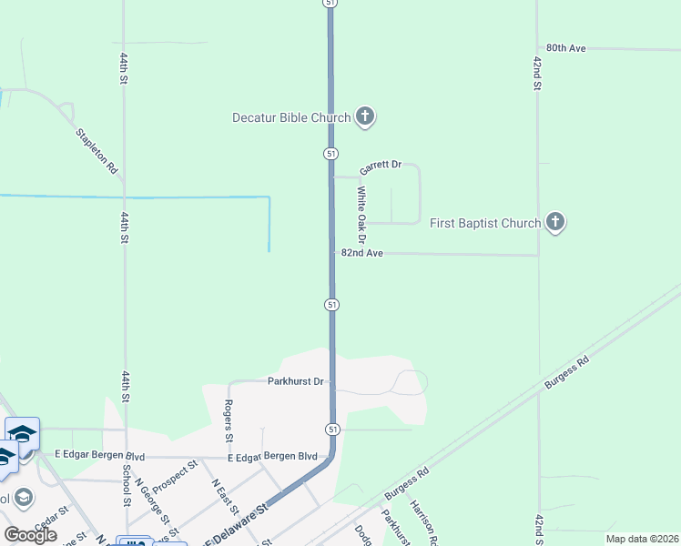 map of restaurants, bars, coffee shops, grocery stores, and more near 82141 Michigan 51 in Decatur