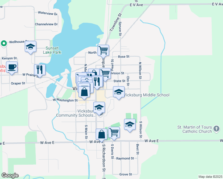 map of restaurants, bars, coffee shops, grocery stores, and more near 348 East Prairie Street in Vicksburg