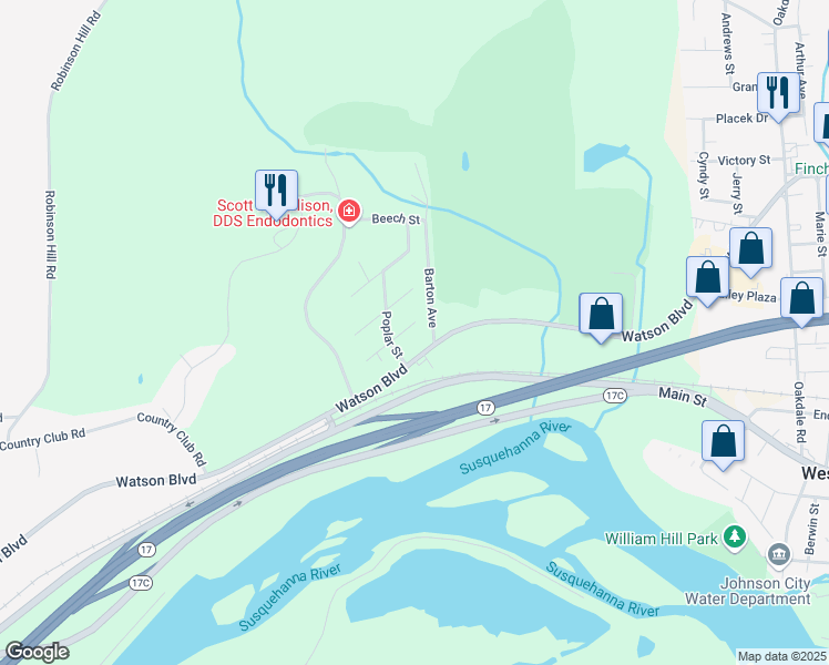 map of restaurants, bars, coffee shops, grocery stores, and more near 28 Birch Street in Johnson City