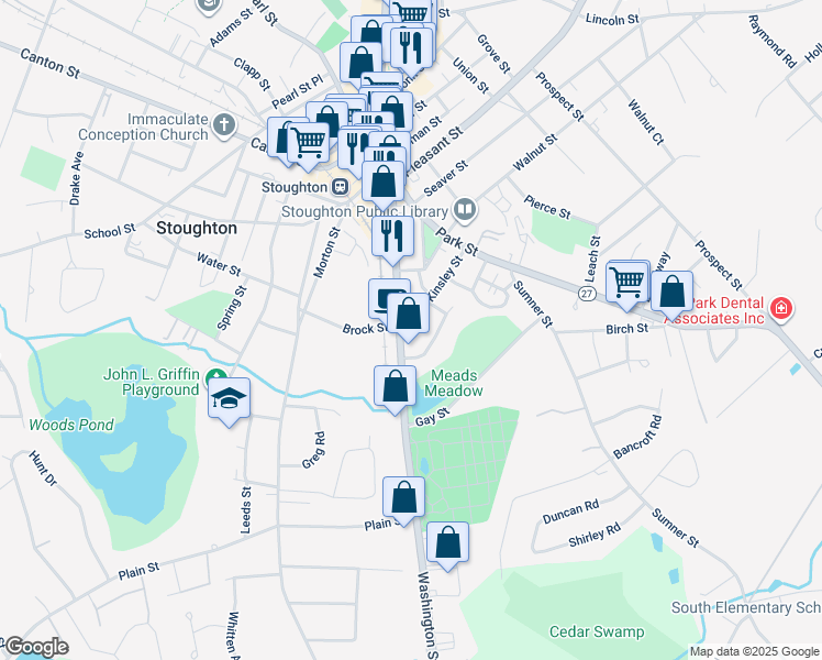 map of restaurants, bars, coffee shops, grocery stores, and more near 944 Washington Street in Stoughton