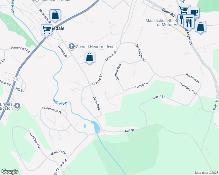 map of restaurants, bars, coffee shops, grocery stores, and more near 11 Forest Path in Hopedale