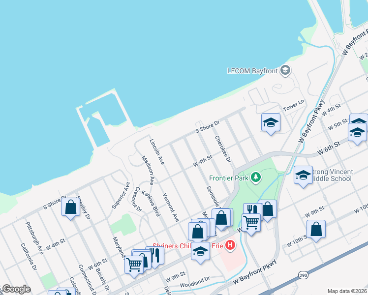 map of restaurants, bars, coffee shops, grocery stores, and more near 220 Seminole Dr in Erie