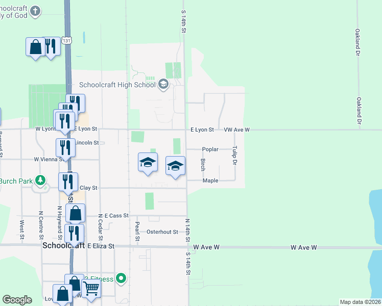 map of restaurants, bars, coffee shops, grocery stores, and more near 499 North 14th Street in Schoolcraft