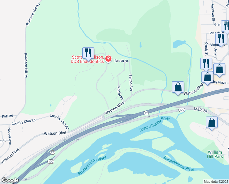 map of restaurants, bars, coffee shops, grocery stores, and more near 10 Woodland Avenue in Johnson City