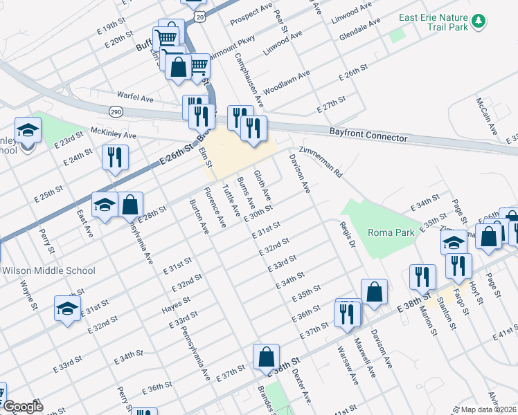 map of restaurants, bars, coffee shops, grocery stores, and more near 2935 Burns Avenue in Erie