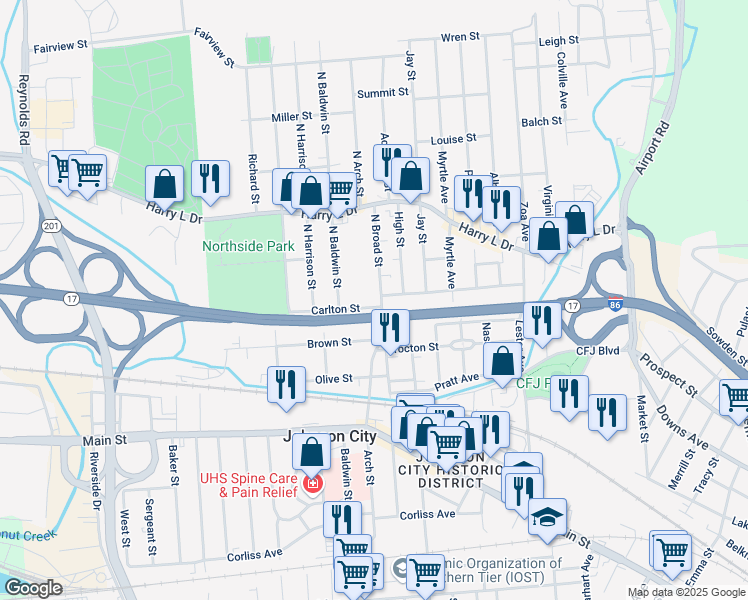 map of restaurants, bars, coffee shops, grocery stores, and more near 119 North Broad Street in Johnson City