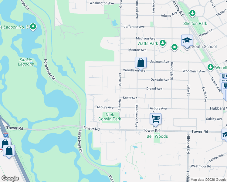 map of restaurants, bars, coffee shops, grocery stores, and more near 290 Drexel Lane in Glencoe