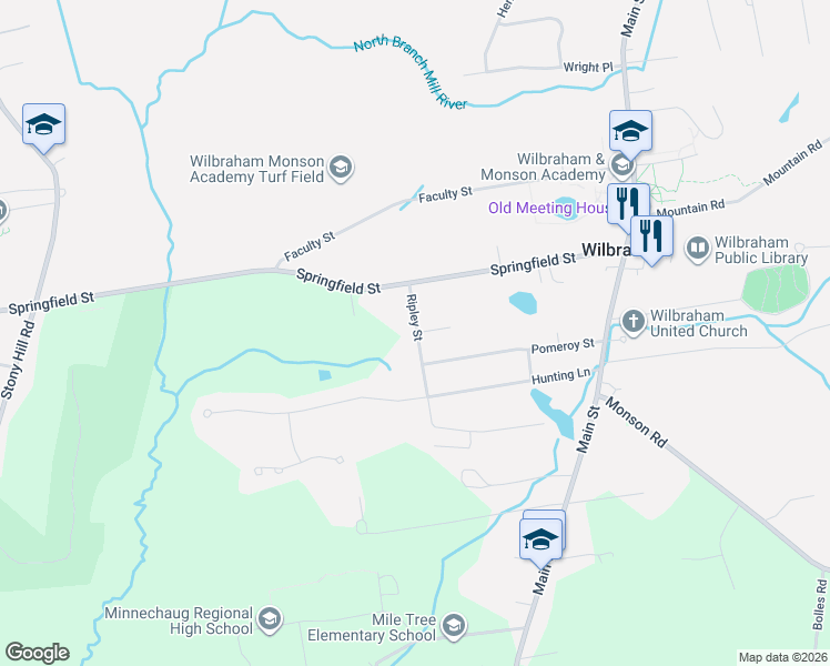 map of restaurants, bars, coffee shops, grocery stores, and more near 10 Ripley Street in Wilbraham
