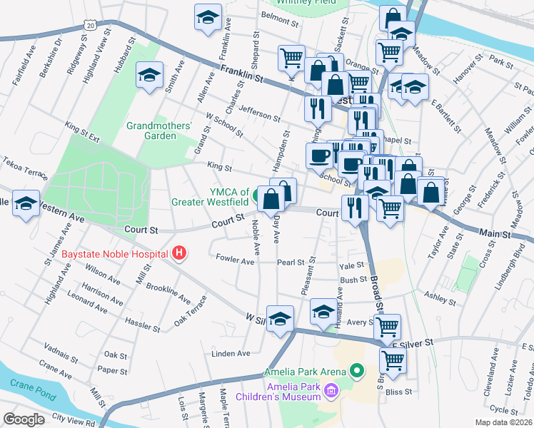 map of restaurants, bars, coffee shops, grocery stores, and more near 60 Court Street in Westfield