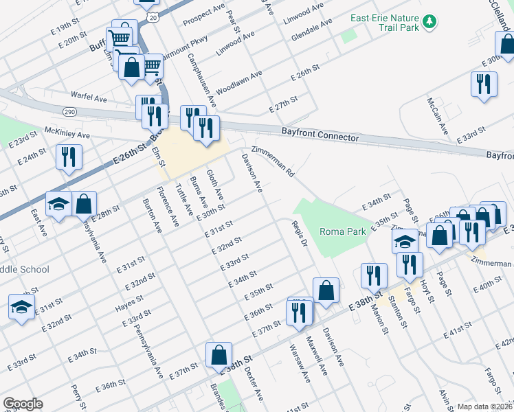 map of restaurants, bars, coffee shops, grocery stores, and more near 1448 East 31st Street in Erie