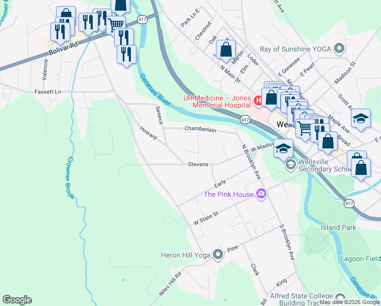map of restaurants, bars, coffee shops, grocery stores, and more near 17 McDowell Avenue in Wellsville