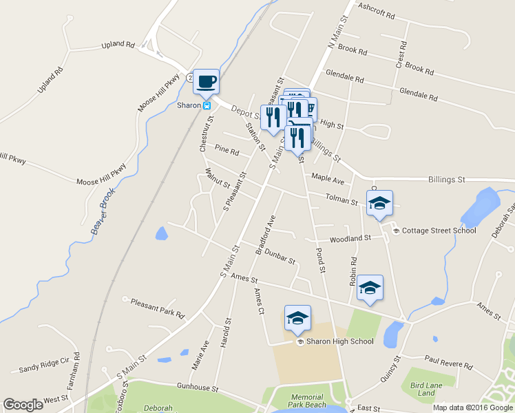 map of restaurants, bars, coffee shops, grocery stores, and more near 100 South Main Street in Sharon
