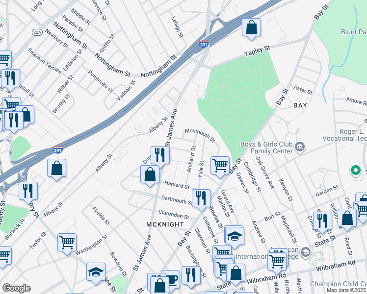 map of restaurants, bars, coffee shops, grocery stores, and more near 3 Lafayette Street in Springfield