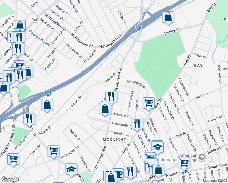 map of restaurants, bars, coffee shops, grocery stores, and more near 104 Cornell Street in Springfield