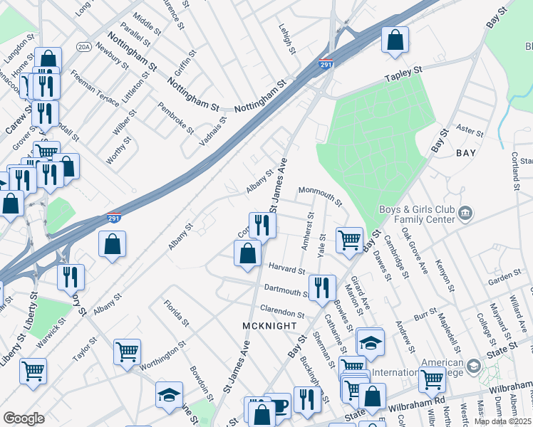 map of restaurants, bars, coffee shops, grocery stores, and more near 104 Cornell Street in Springfield