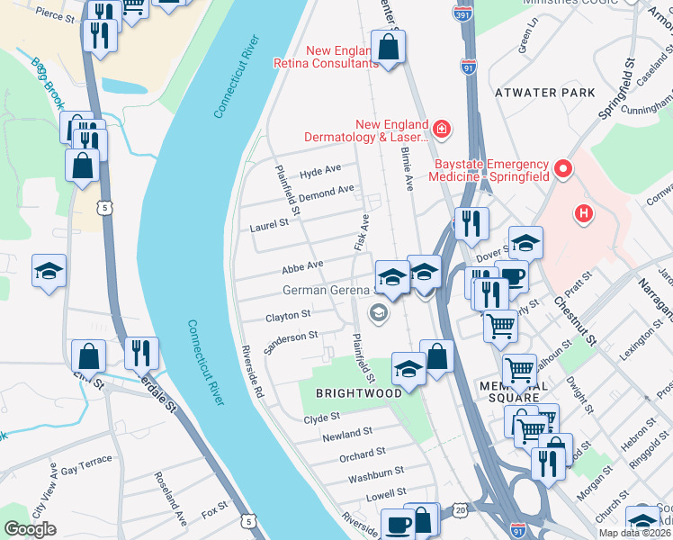 map of restaurants, bars, coffee shops, grocery stores, and more near 471 Plainfield Street in Springfield