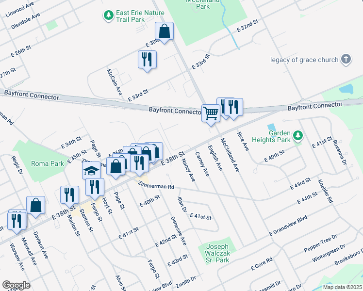 map of restaurants, bars, coffee shops, grocery stores, and more near in Erie