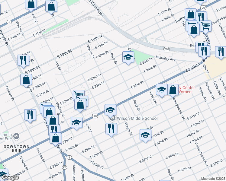 map of restaurants, bars, coffee shops, grocery stores, and more near 809 East 24th Street in Erie