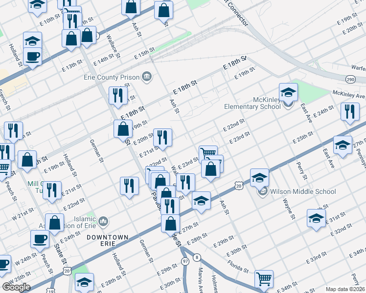 map of restaurants, bars, coffee shops, grocery stores, and more near 532 East 22nd Street in Erie