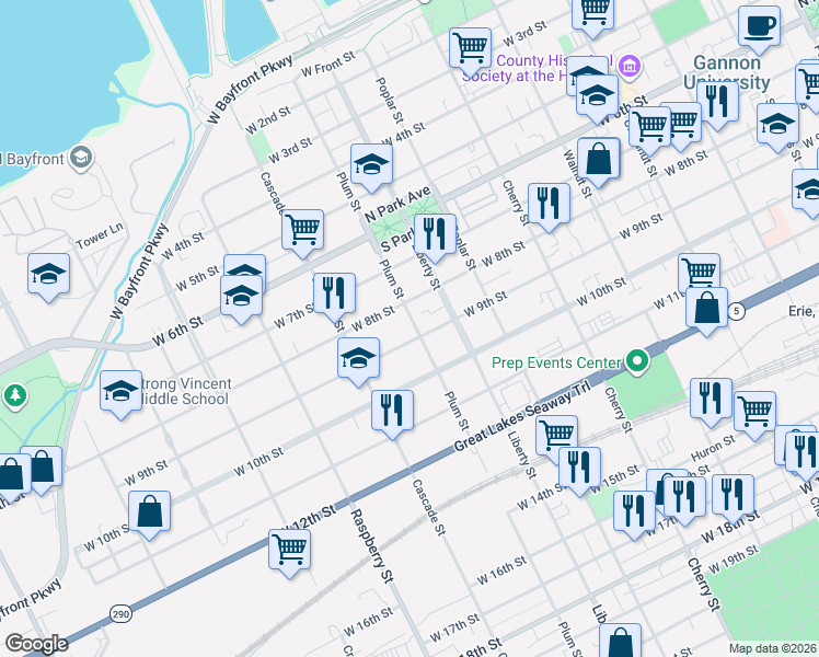 map of restaurants, bars, coffee shops, grocery stores, and more near 825 West 8th Street in Erie