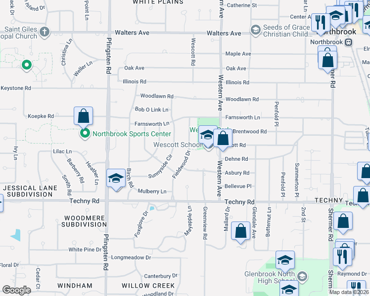 map of restaurants, bars, coffee shops, grocery stores, and more near 1801 Fieldwood Drive in Northbrook